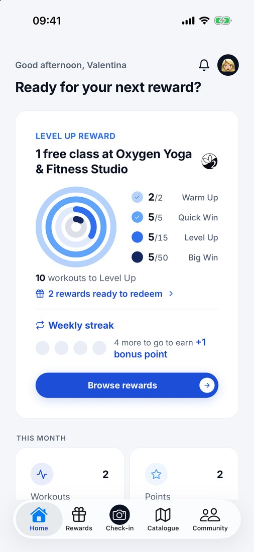 Kintra home screen showing your points and your next reward