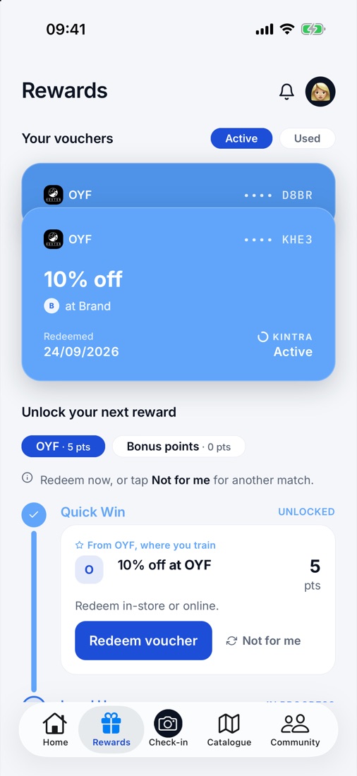 Kintra rewards screen with your vouchers